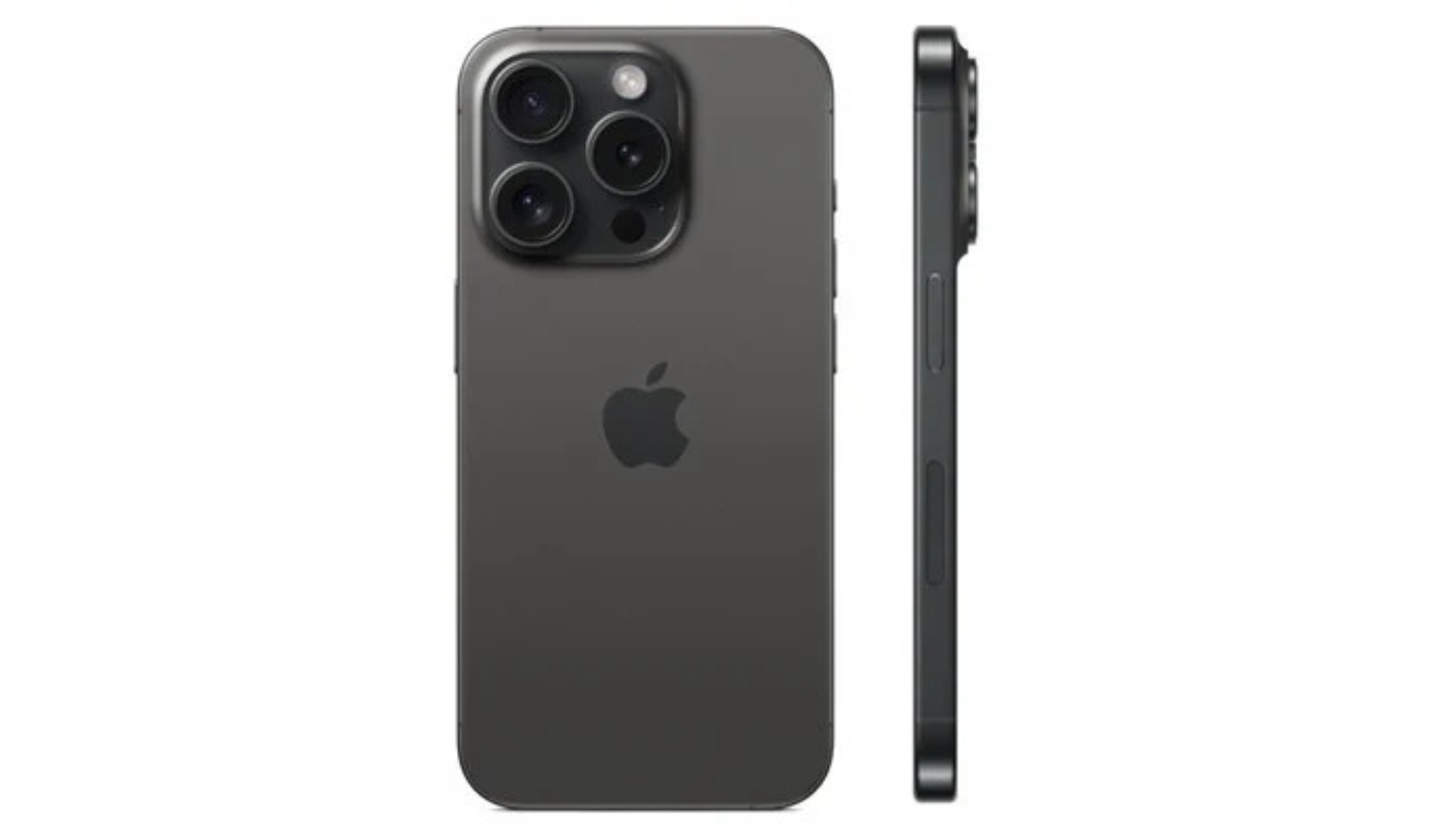 Black Titanium iPhone 15 Pro unlocked smartphone, back and side view with camera module
