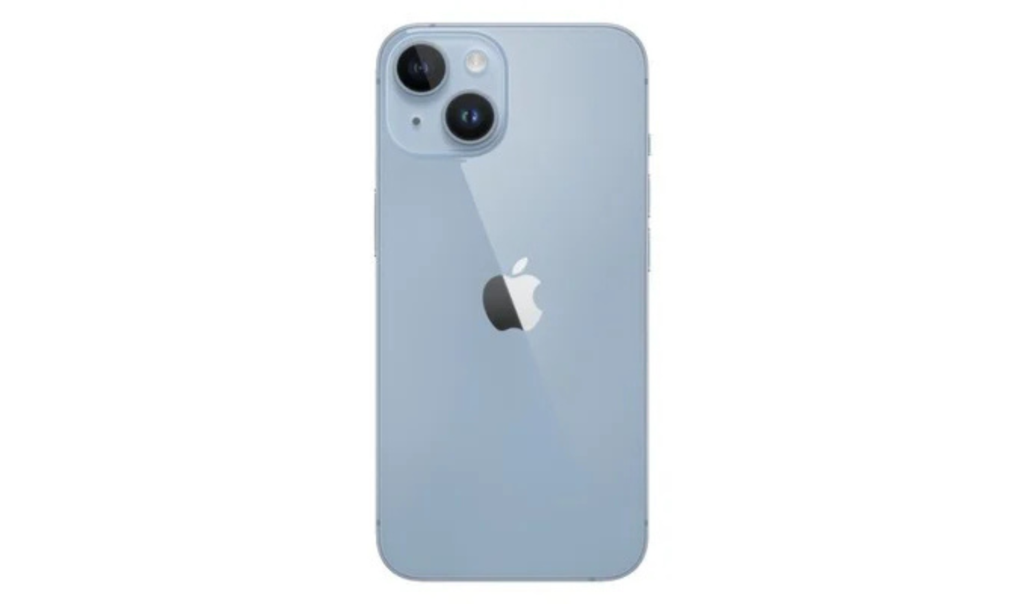 Unlocked smartphone back with dual cameras and Apple logo, light blue case