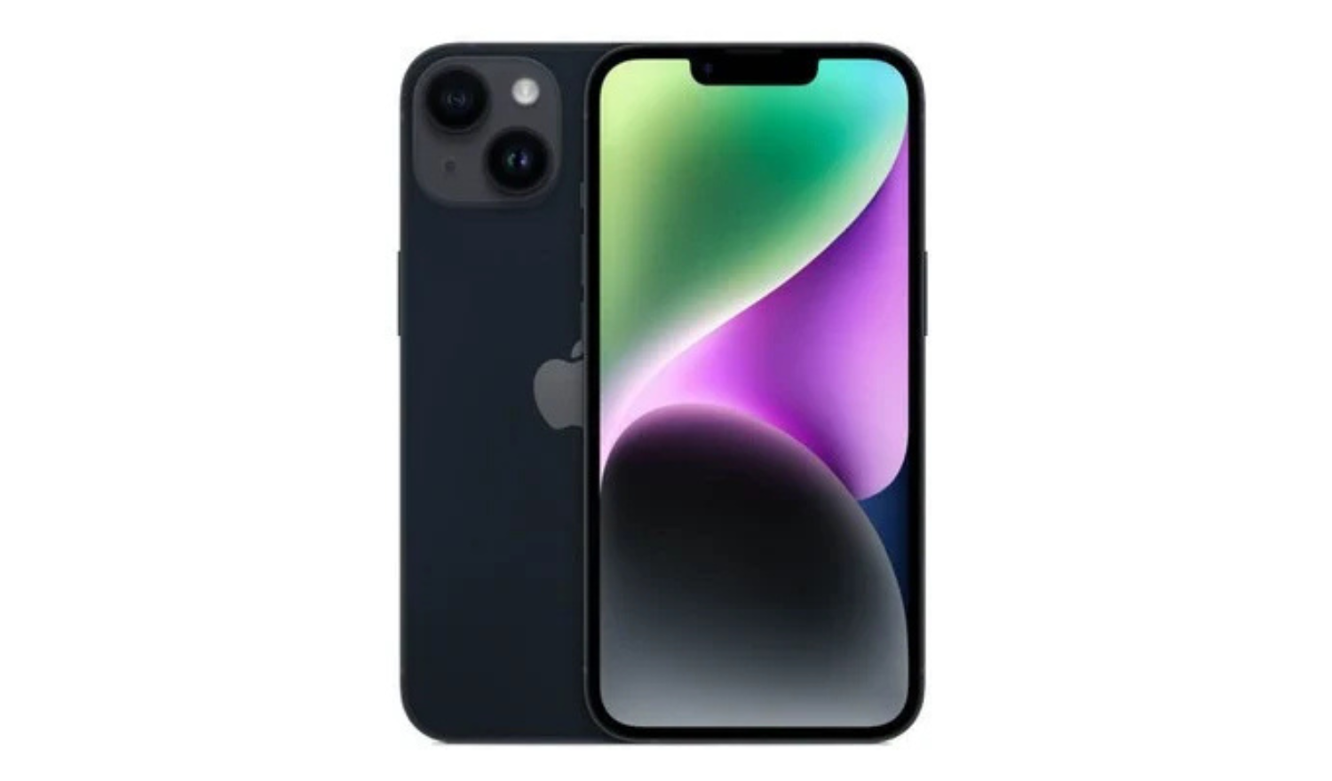 Midnight iPhone 14 unlocked smartphone, front and back view, dual rear cameras.