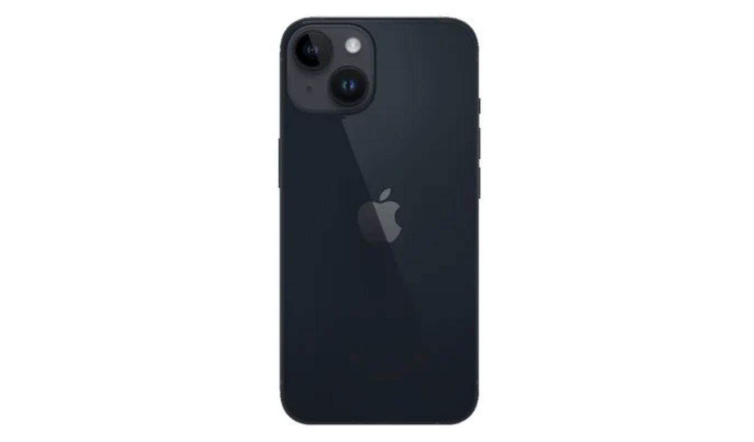 Midnight iPhone 14 unlocked smartphone, back view with dual rear cameras.