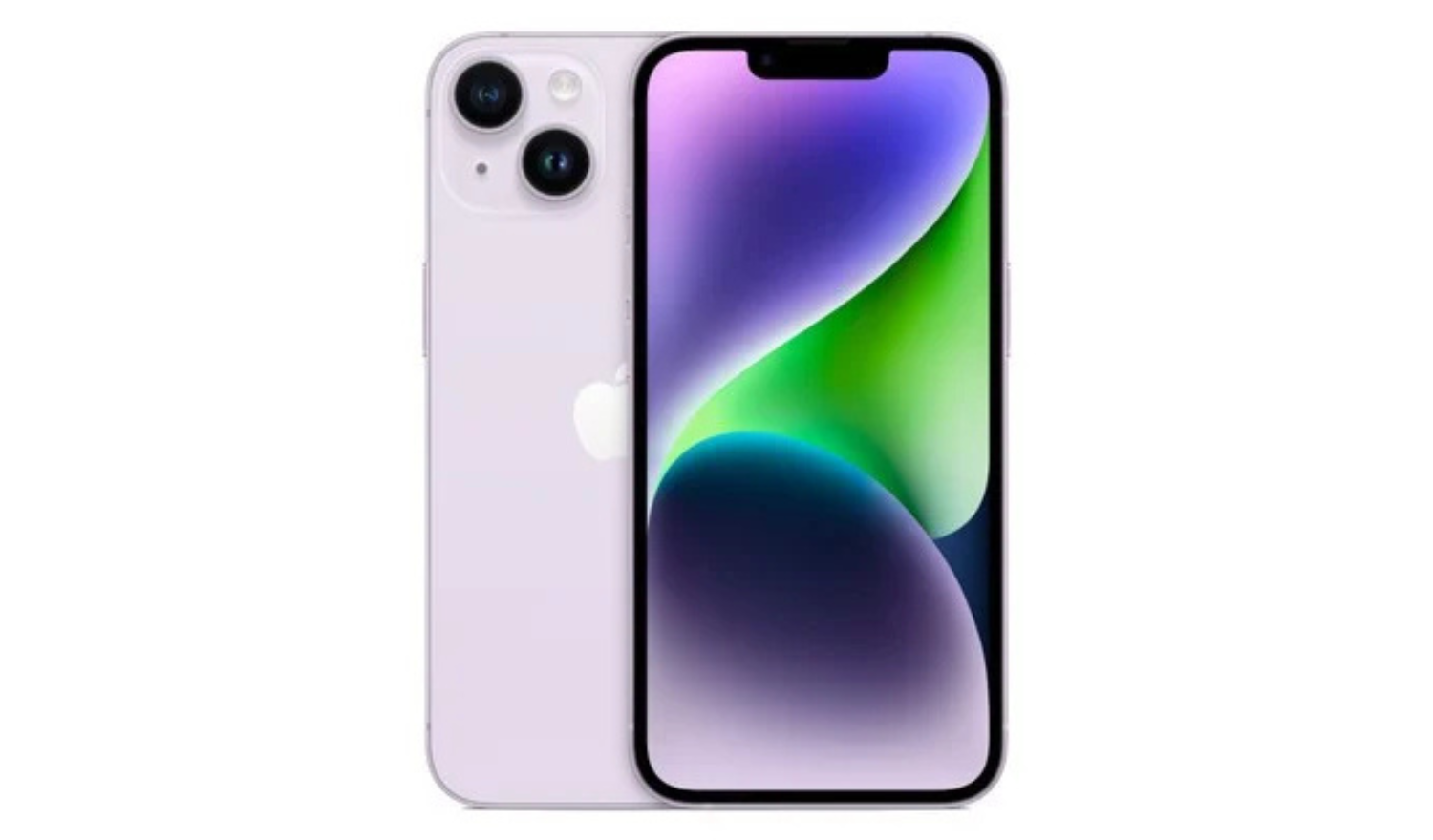 Purple iPhone 14 unlocked smartphone, front and back view, dual rear cameras.