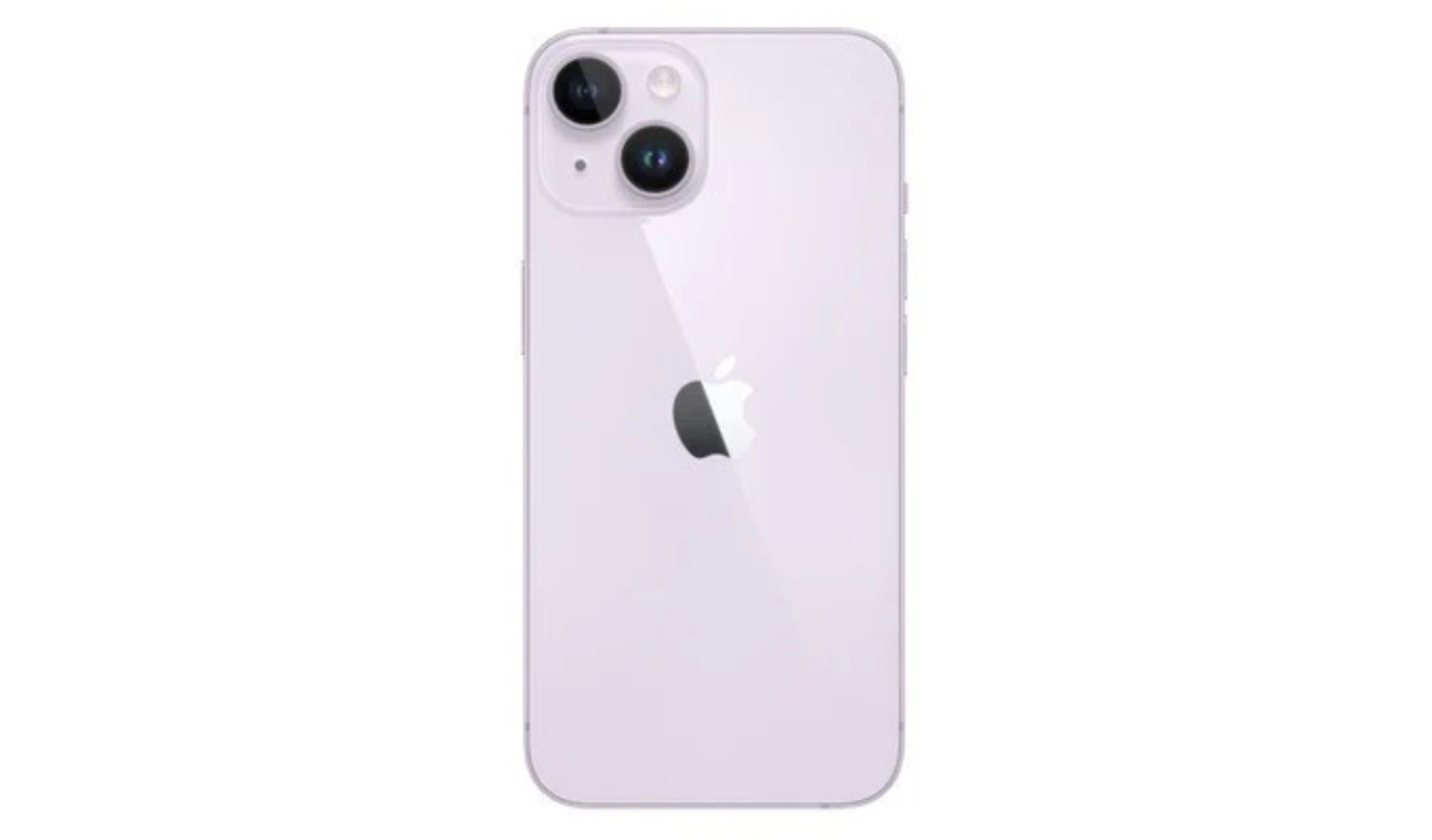 Purple iPhone 14 unlocked smartphone, back view with dual rear cameras.