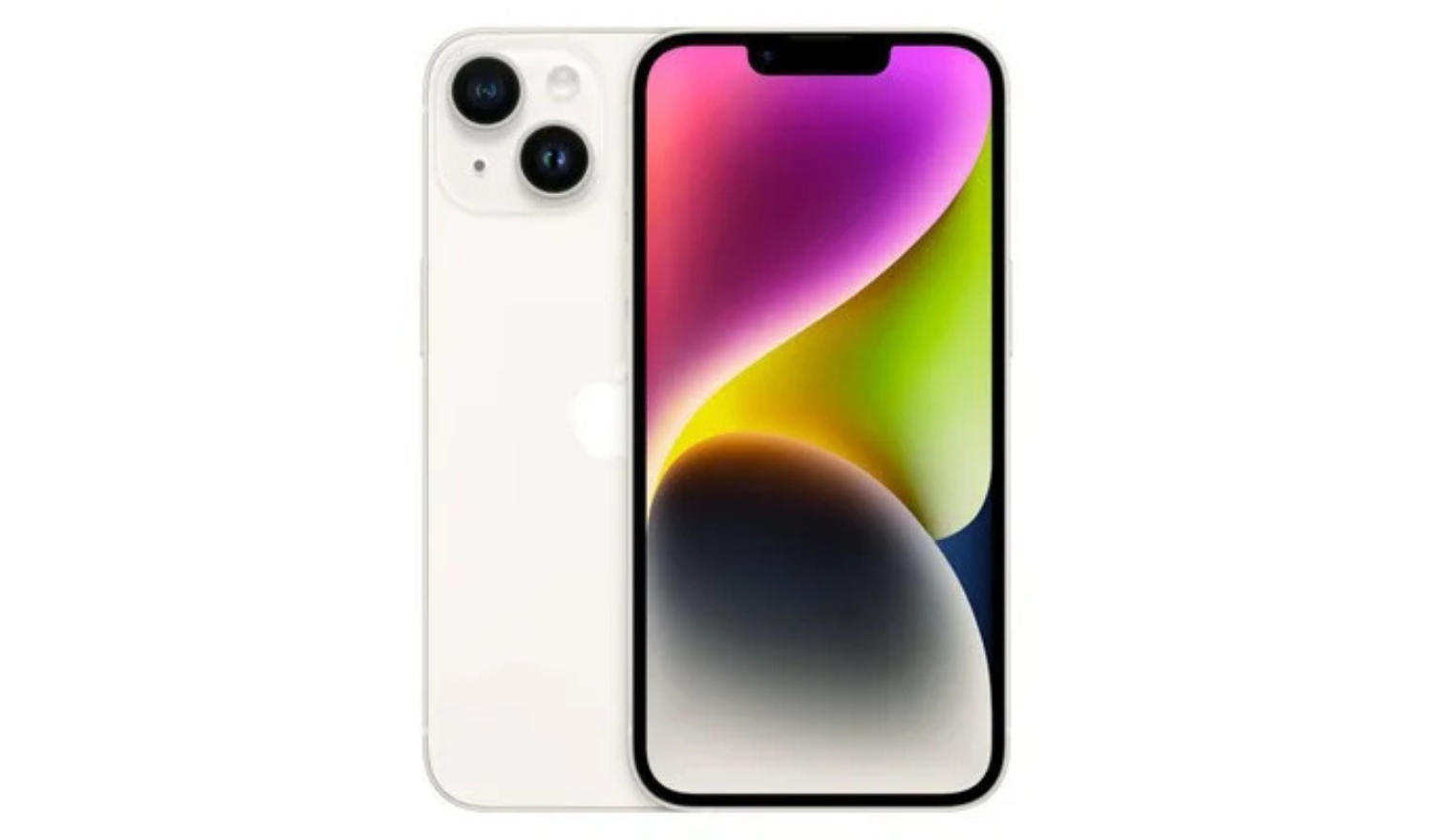 Starlight iPhone 14 unlocked smartphone, front and back view, dual rear cameras.