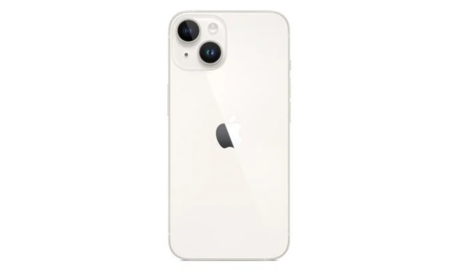 Starlight iPhone 14 unlocked smartphone, back view with dual rear cameras.