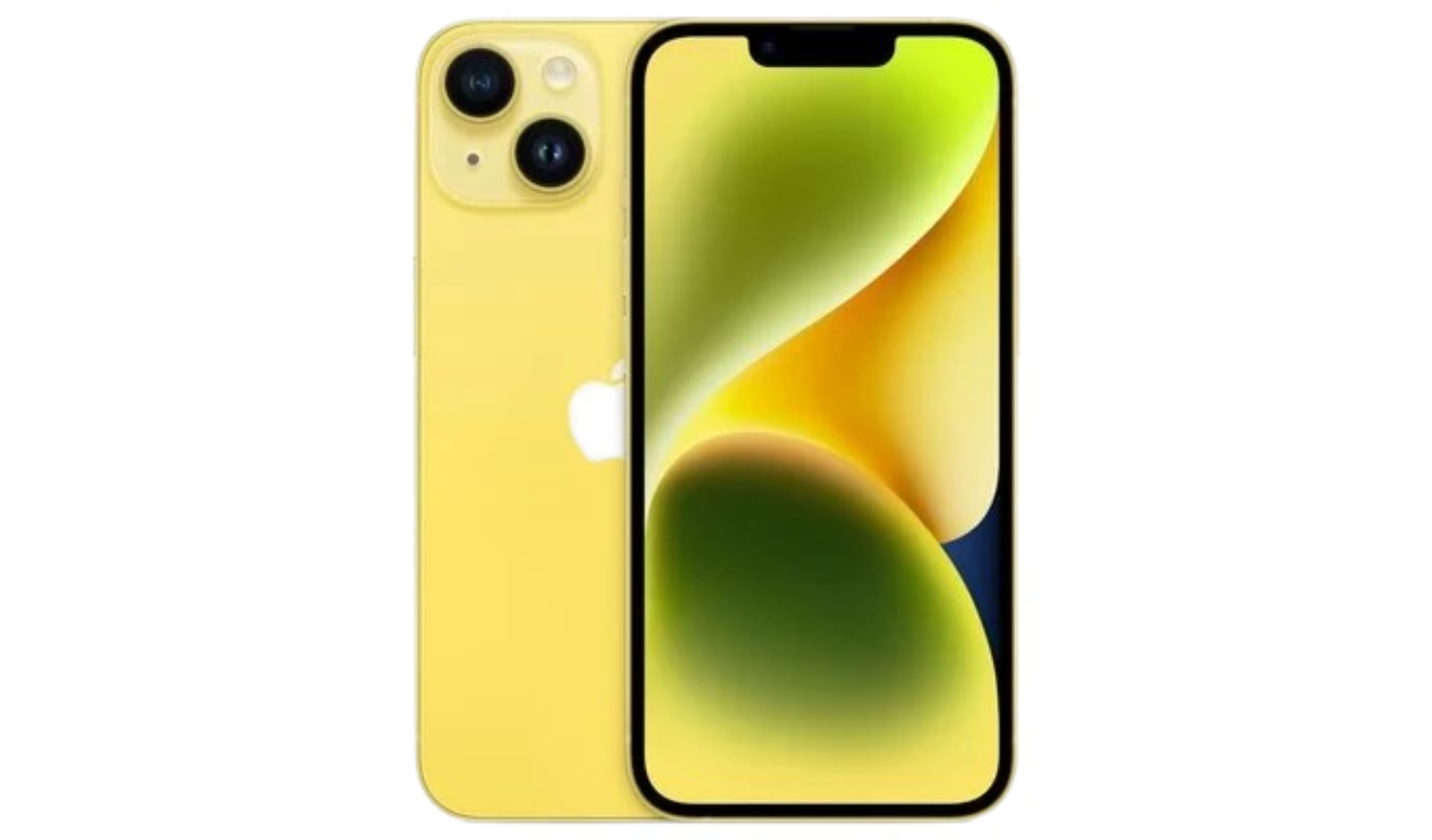 Yellow iPhone 14 unlocked smartphone, front and back view, dual rear cameras.