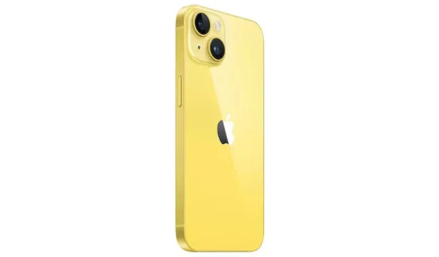 Yellow iPhone 14 unlocked smartphone, back view with dual rear cameras.