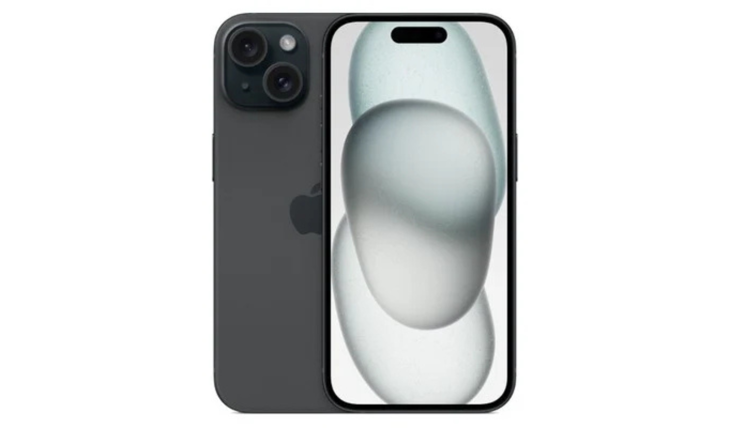 Black iPhone 15 front view, curved display with island notch