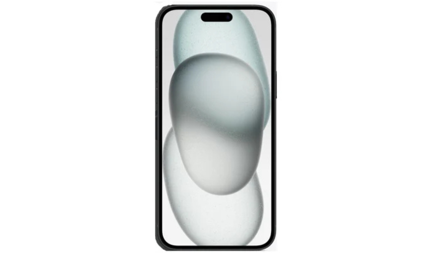 Black iPhone 15 front view, screen with pill-shaped speaker cutout