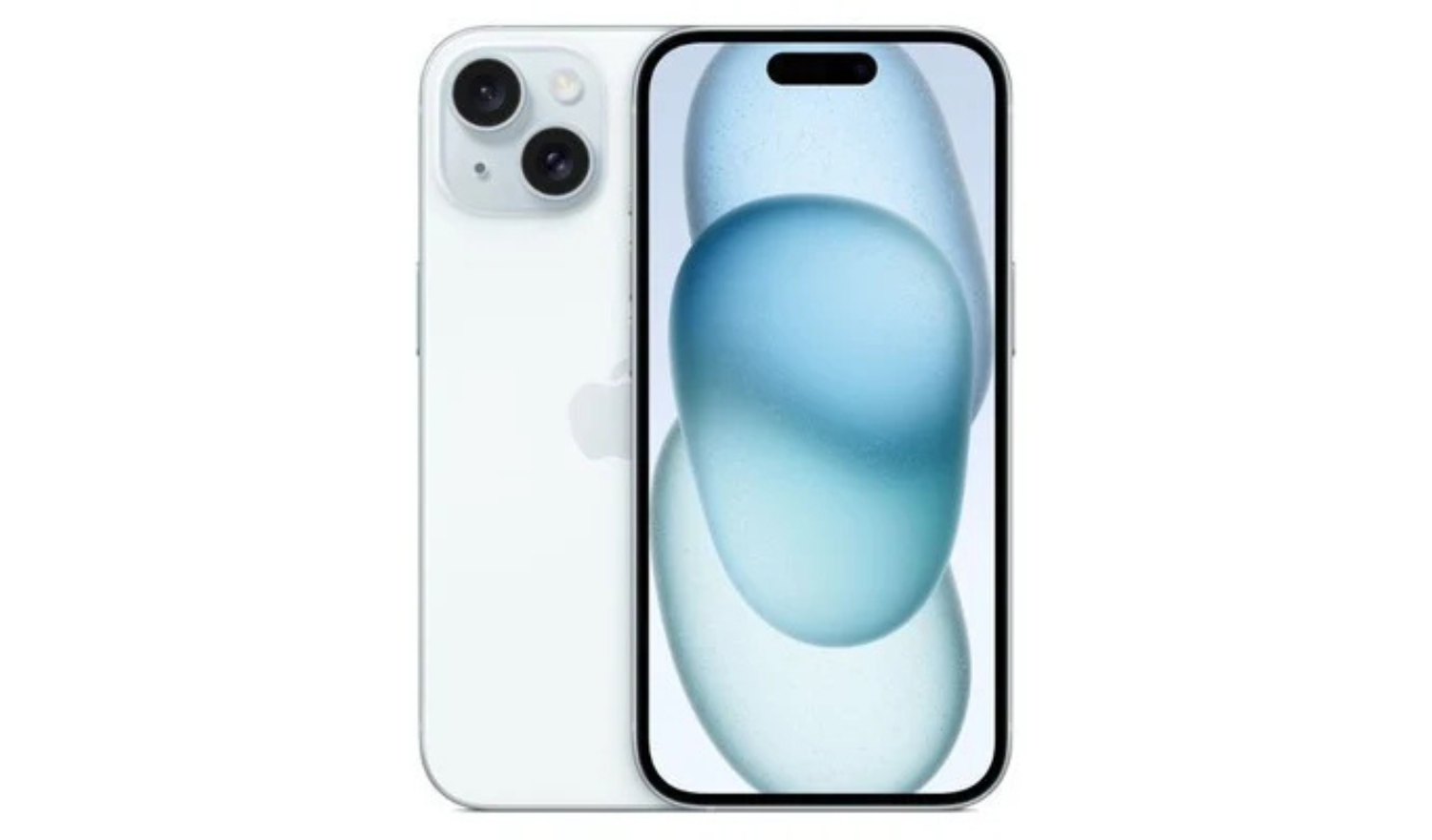 Light blue iPhone 15 front view with dual-camera display cutout