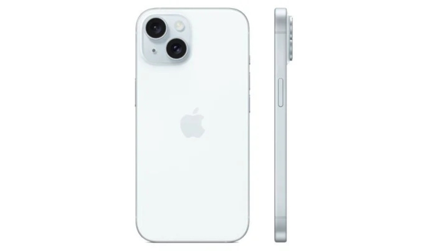 White iPhone 15 back view with dual cameras and side edge