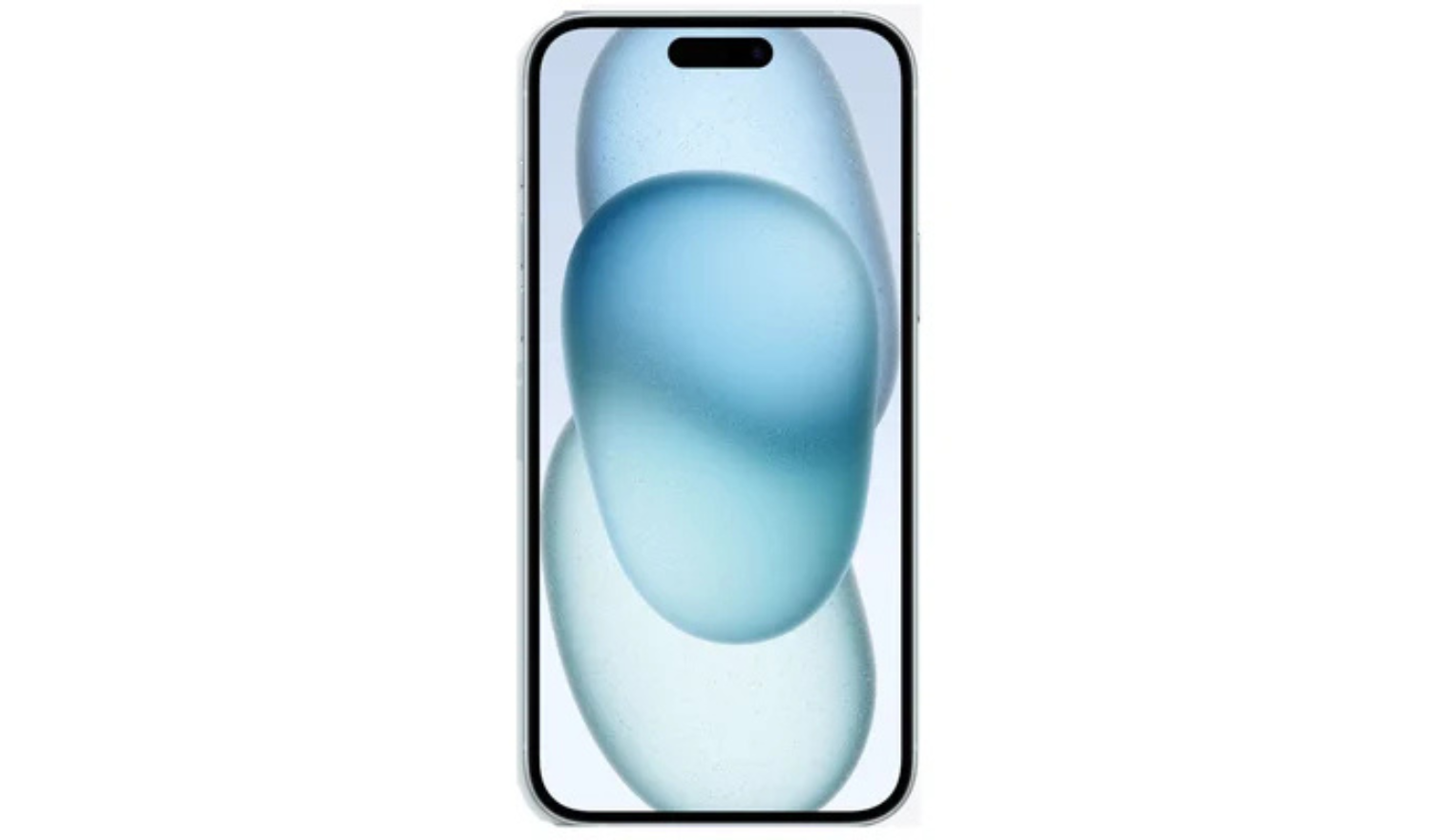 Blue iPhone 15 front view showing pill-shaped notch on display