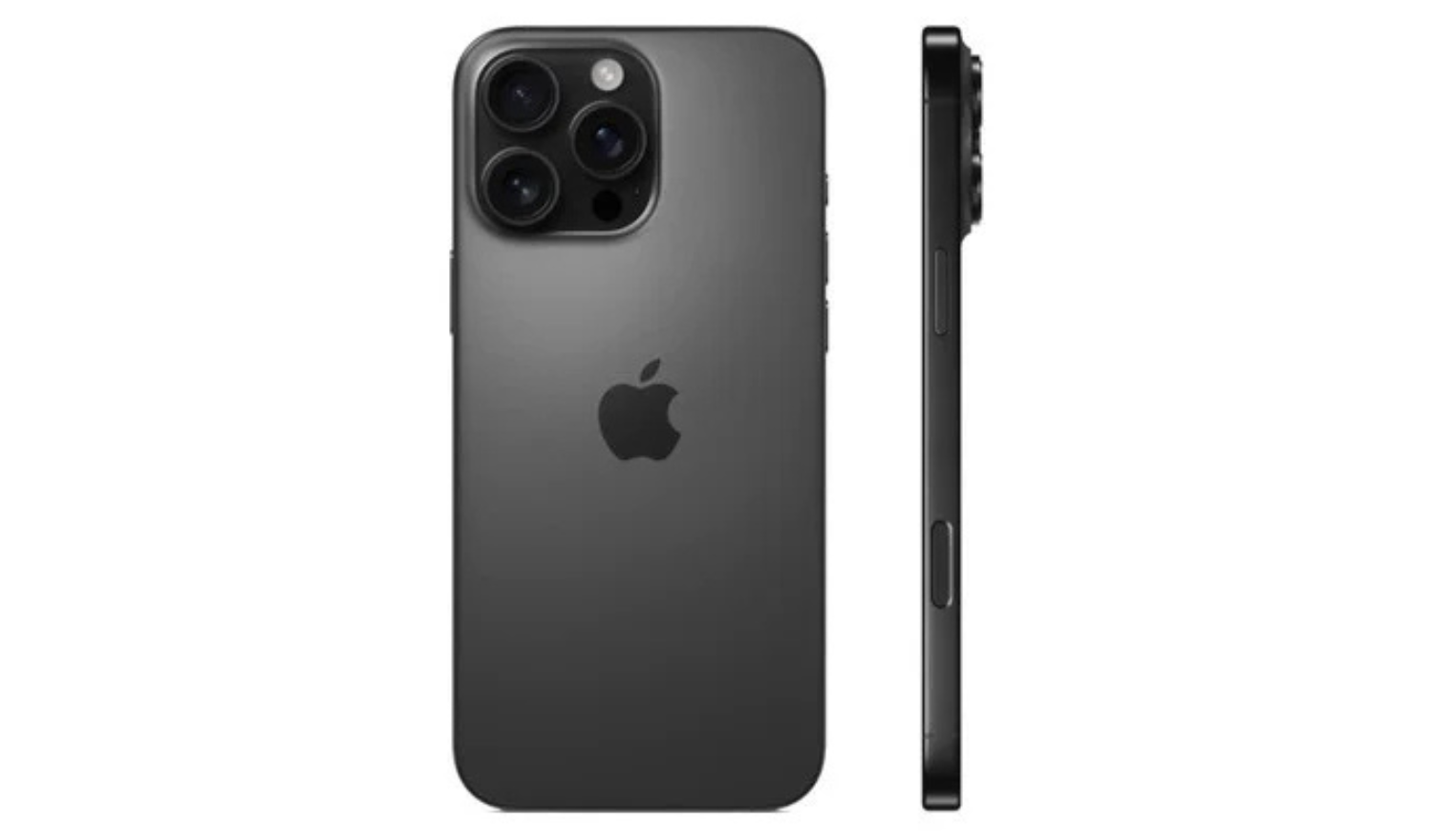 iPhone 16 Pro black titanium rear and side profile, triple rear camera cluster
