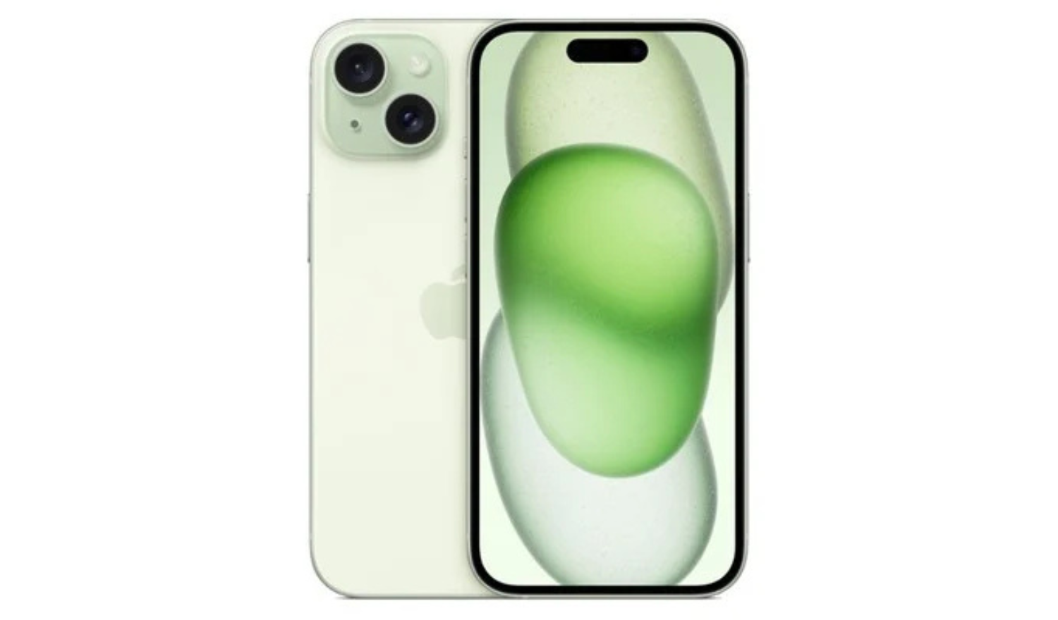Green iPhone 15 front view with rounded-edge display and notch