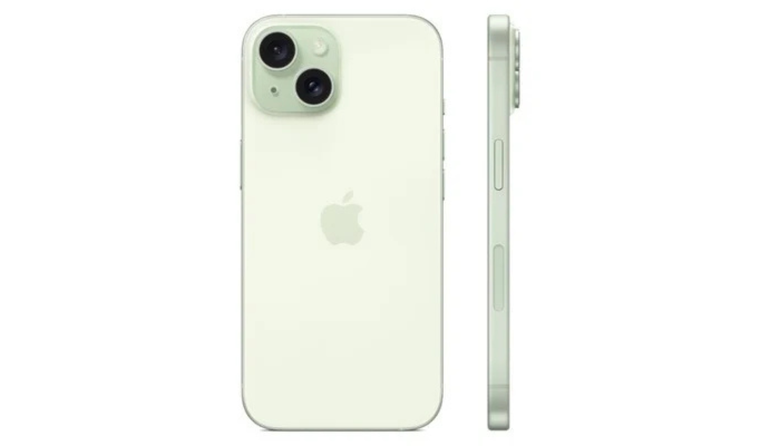Light cream iPhone 15 back view with dual cameras and side profile