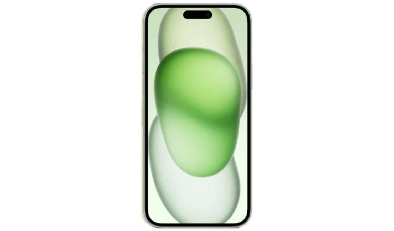 Green iPhone 15 front view with island notch and rounded display corners