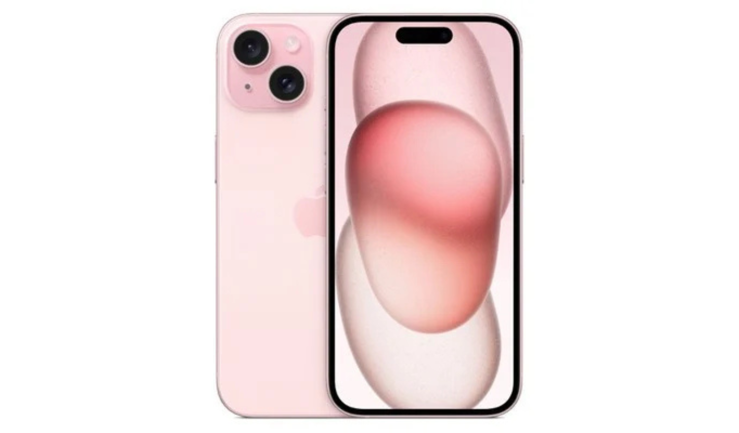 Pink iPhone 15 front view with island notch and dual-camera housing on back