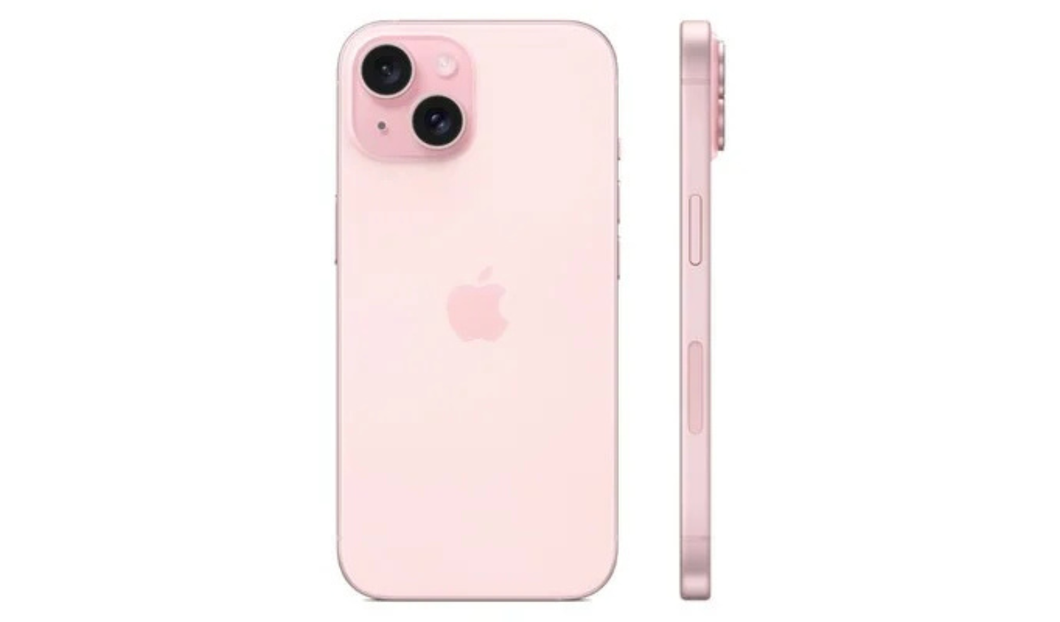 Light pink iPhone 15 back with dual cameras and Apple logo, plus side profile