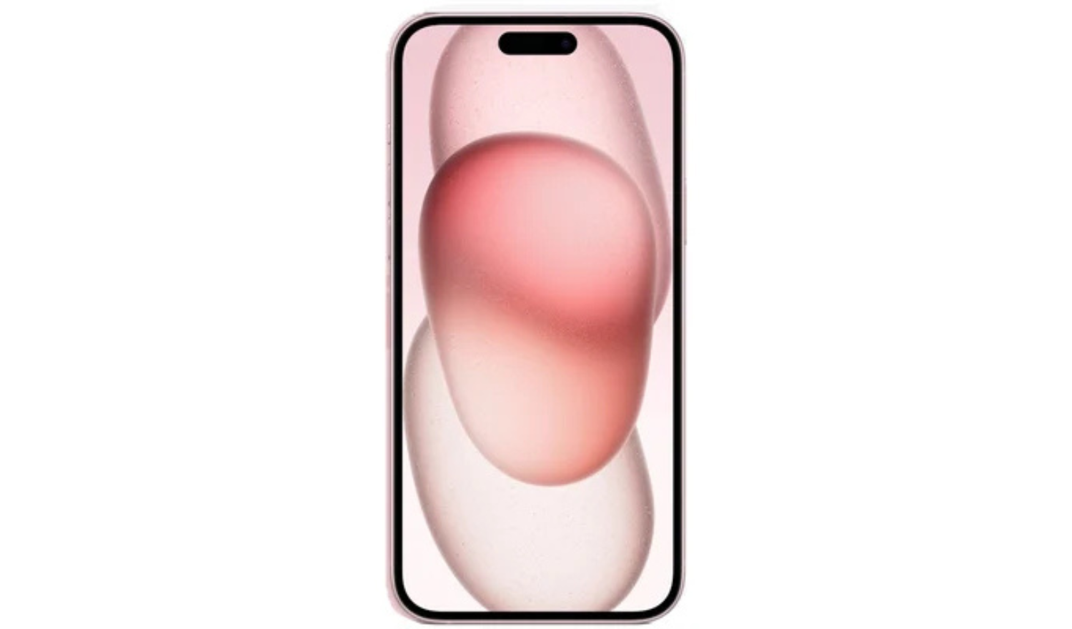 Front view iPhone 15 with black bezel and display showing red-and-white abstract blobs