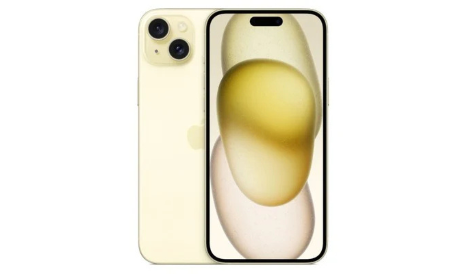 Gold iPhone 15 front and back views with dual cameras and Apple logo