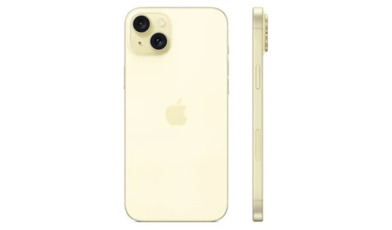 Gold iPhone 15 back with dual cameras and Apple logo, plus side button profile