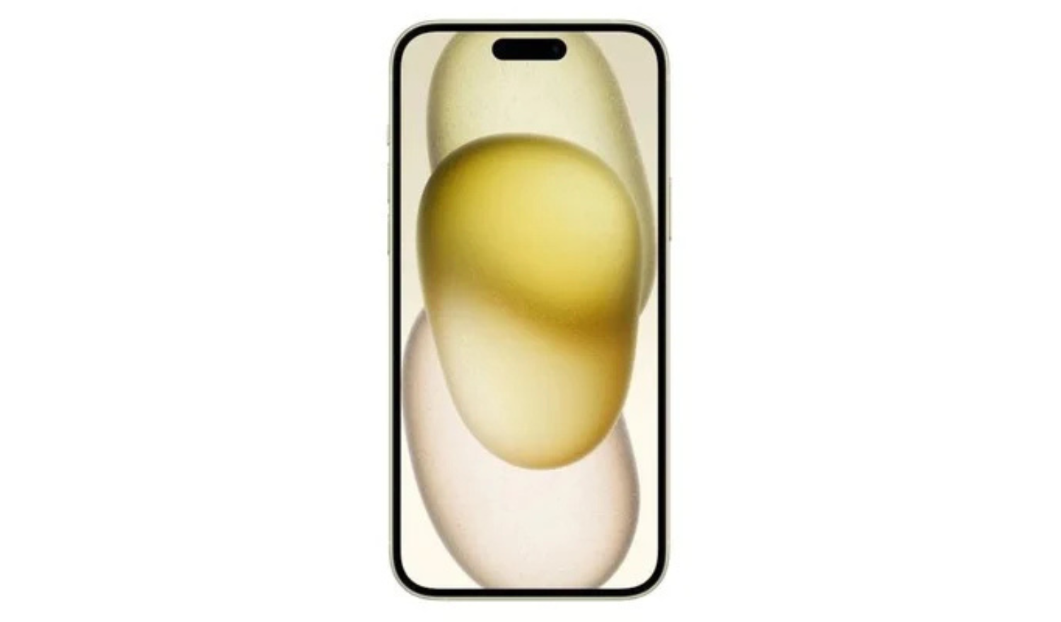 Front view gold iPhone 15 with black bezel and display abstract yellow-and-white shapes