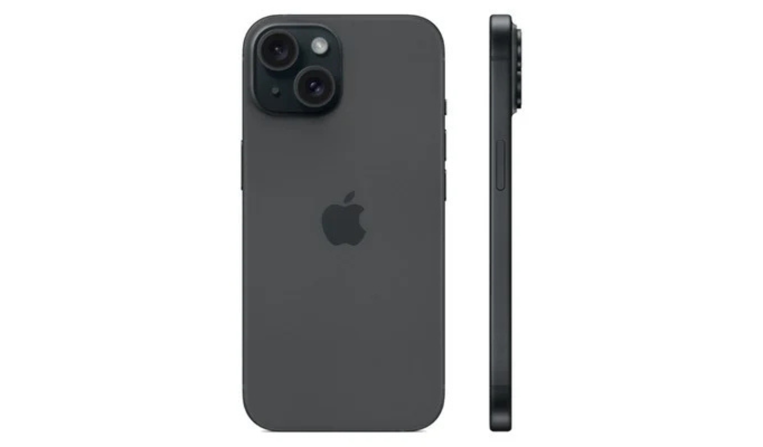 Black iPhone 15 back view with triple cameras and thin side profile