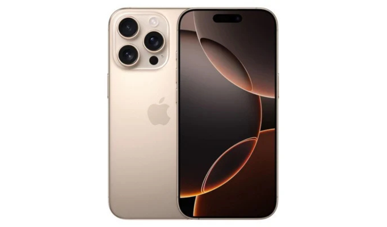 iPhone 16 Pro light tan smartphone, front and back view with triple rear cameras