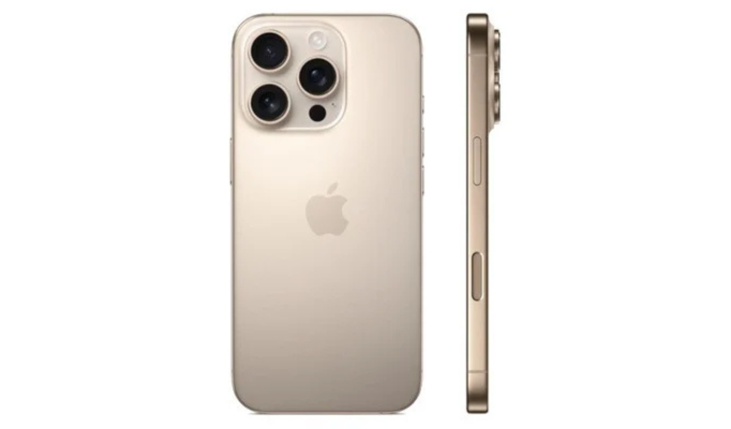 iPhone 16 Pro light tan rear and side view, slim profile with camera cluster