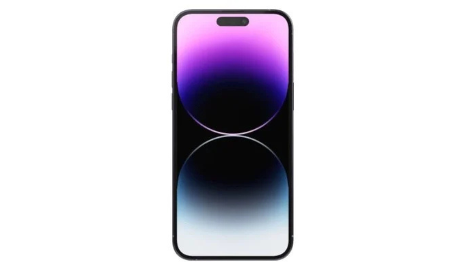 iPhone 14 Pro smartphone in deep purple, front view with dual lens cutouts
