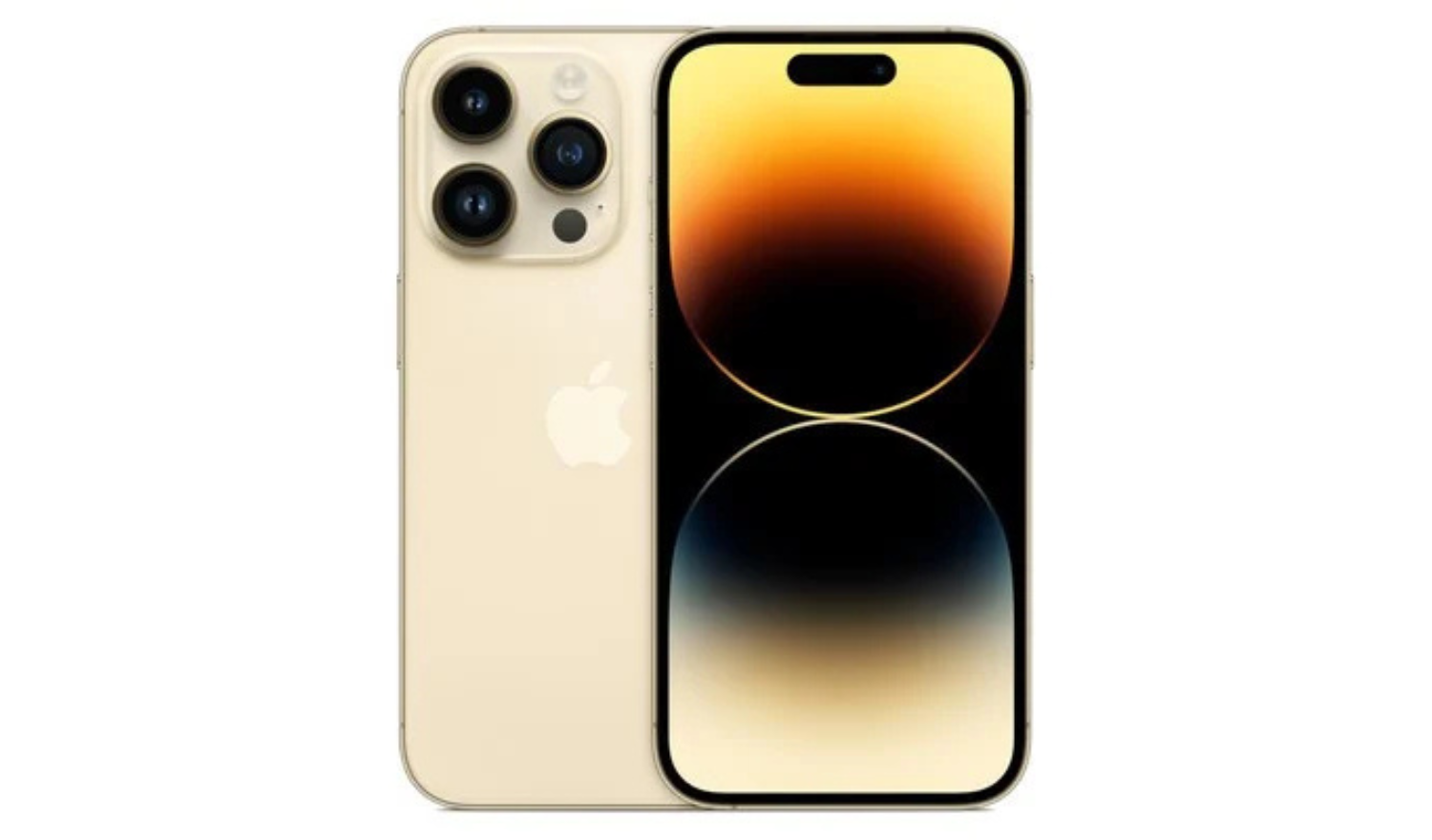 iPhone 14 Pro smartphone in gold, front and back view