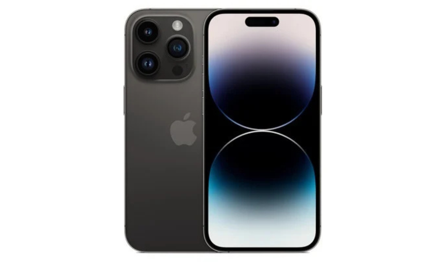 iPhone 14 Pro smartphone in dark purple, front and back view