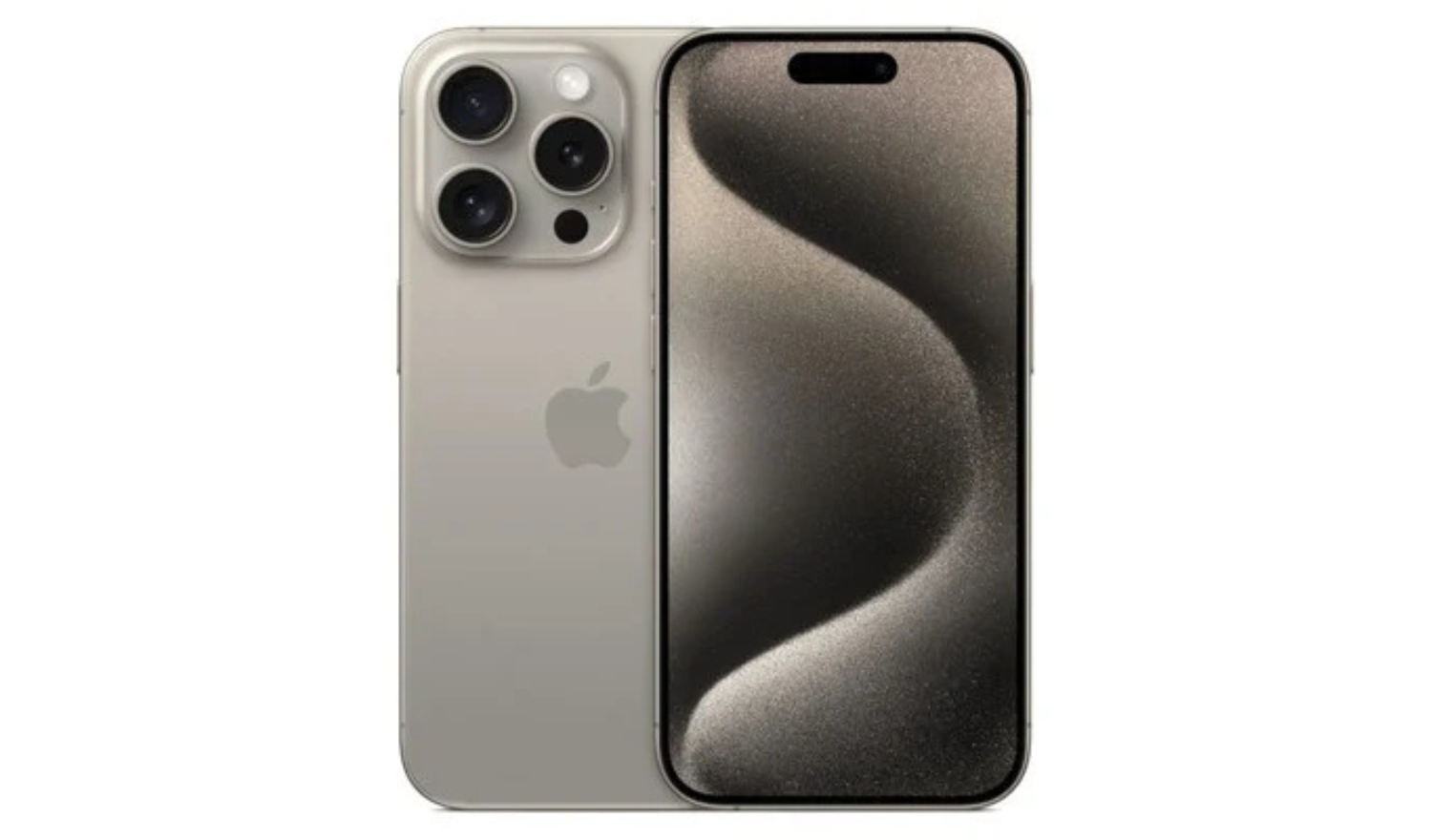 Natural Titanium iPhone 15 Pro unlocked smartphone, front and back with triple cameras