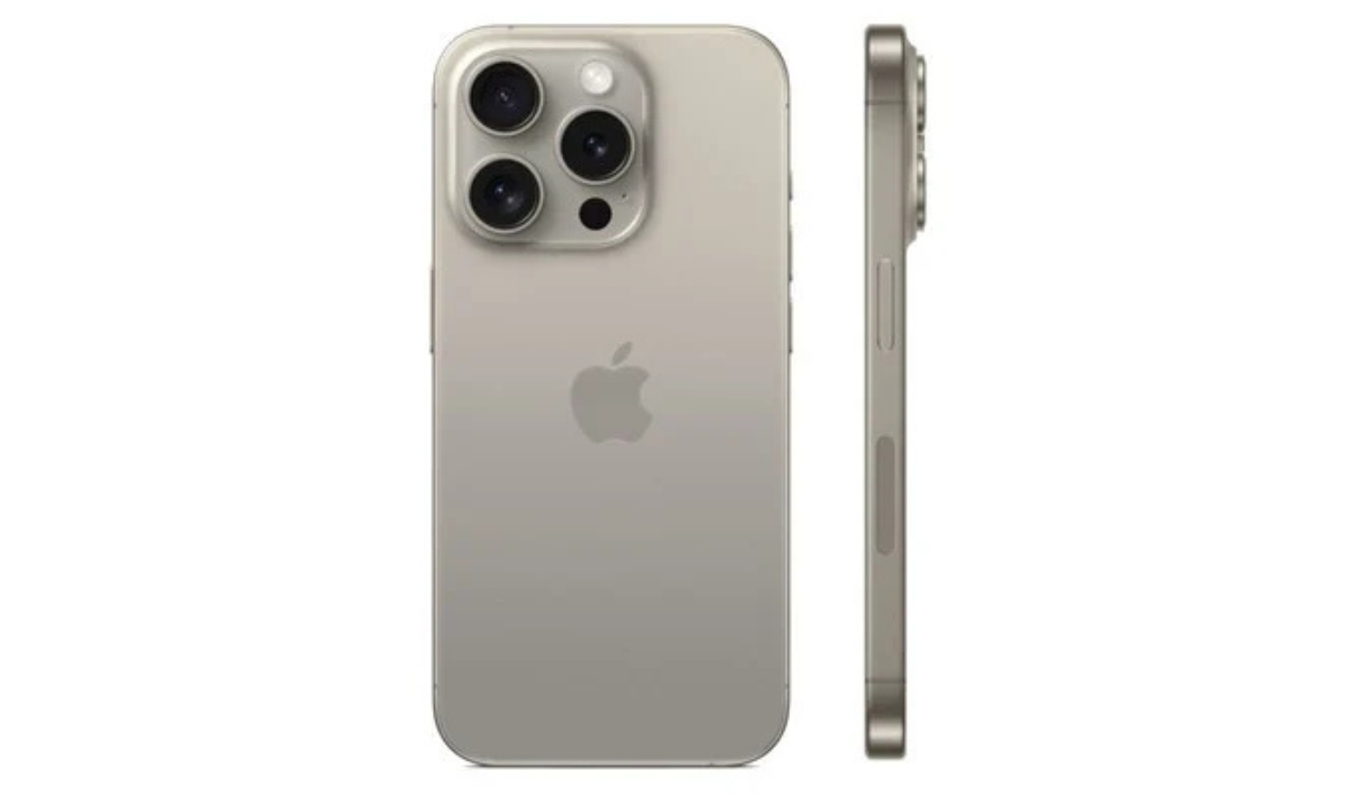 Natural Titanium iPhone 15 Pro unlocked smartphone, back and side view with camera module
