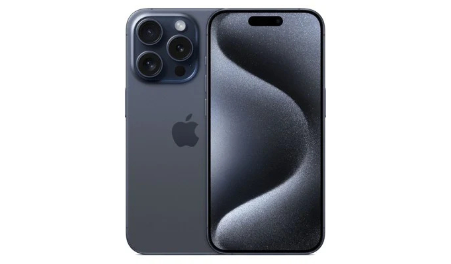 Blue Titanium iPhone 15 Pro unlocked smartphone, front and back with triple cameras