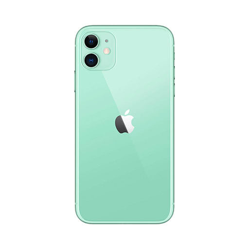iPhone 11 mint green smartphone back view, dual cameras and Apple logo