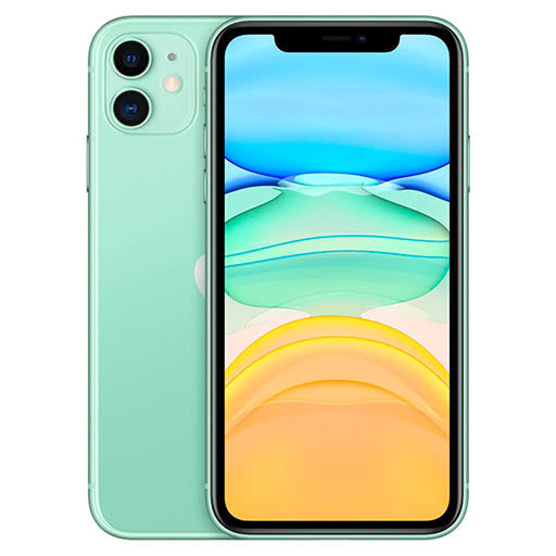 Unlocked iPhone 11 smartphone in green, front and back view with dual rear cameras
