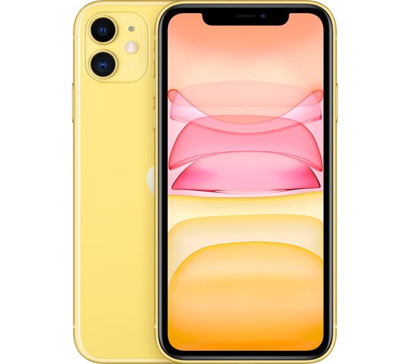 iPhone 11 yellow smartphone front and back, dual cameras visible