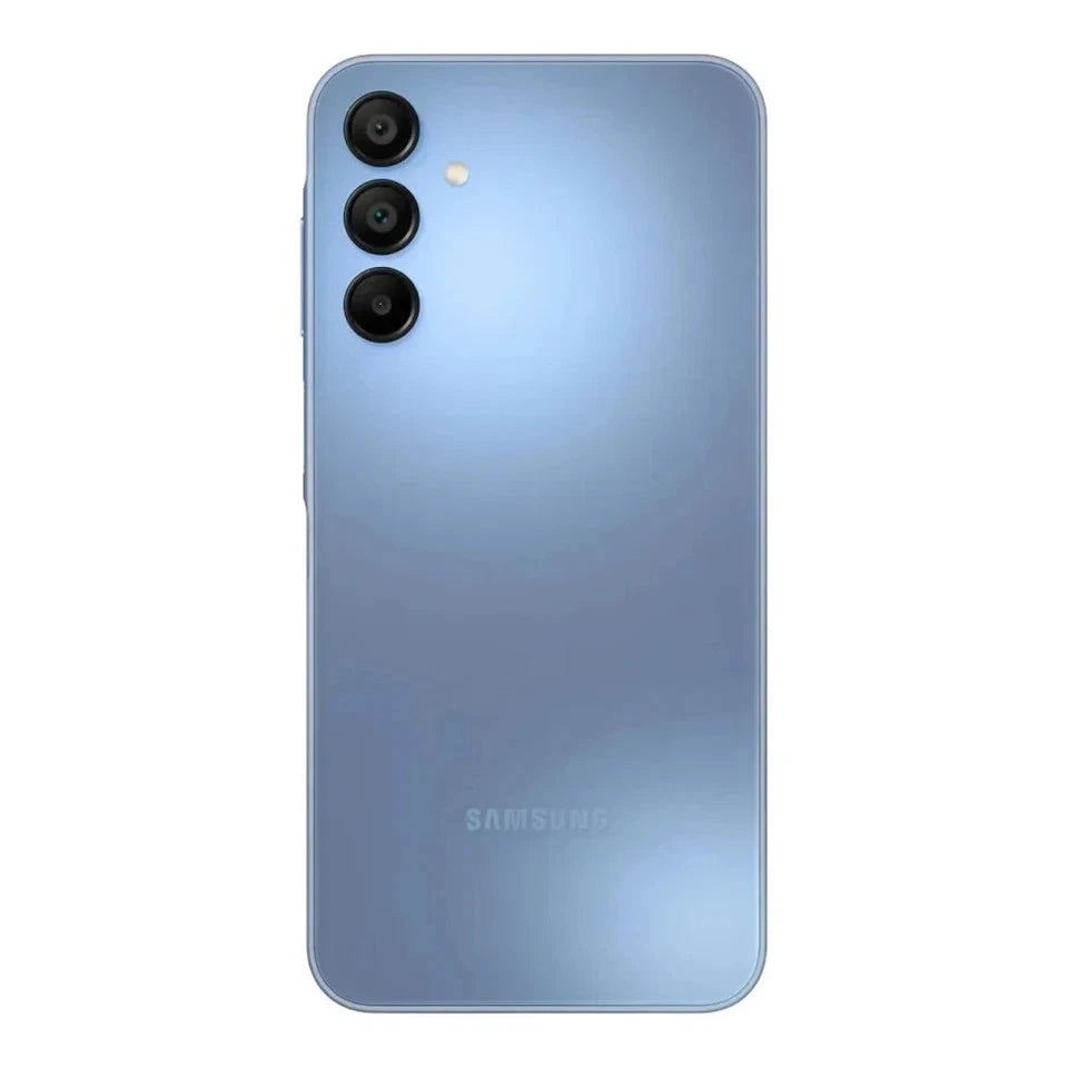 Deep blue Samsung Galaxy A15 5G 128GB smartphone back with triple camera lenses