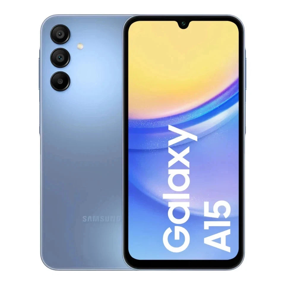 Deep blue Samsung Galaxy A15 5G 128GB smartphone front and back, triple rear cameras